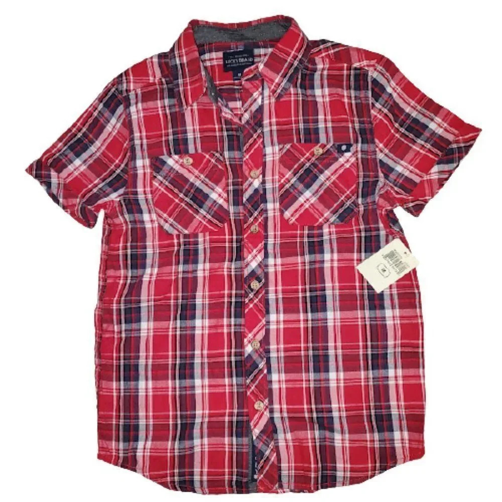 Lucky Brand Red & Black short sleeve Button Down Comfort Shirt S…